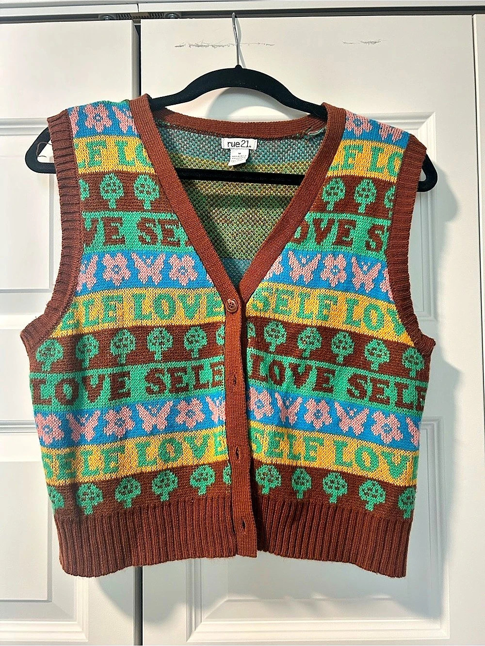 rue21 Self Love Intarsia Knit Sweater Vest Brown & Green Medium
